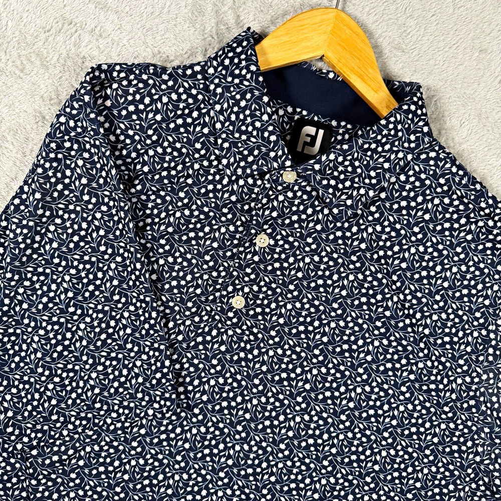 FootJoy Mens XL Navy White Floral Print Stretch Polo Short Sleeve Logo Shirt